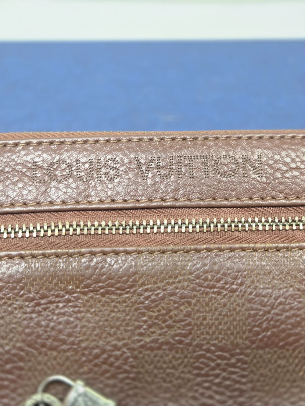 Vintage Louis Vuitton Brown Leather Zip Pouch with Chain Charm - Needs TLC